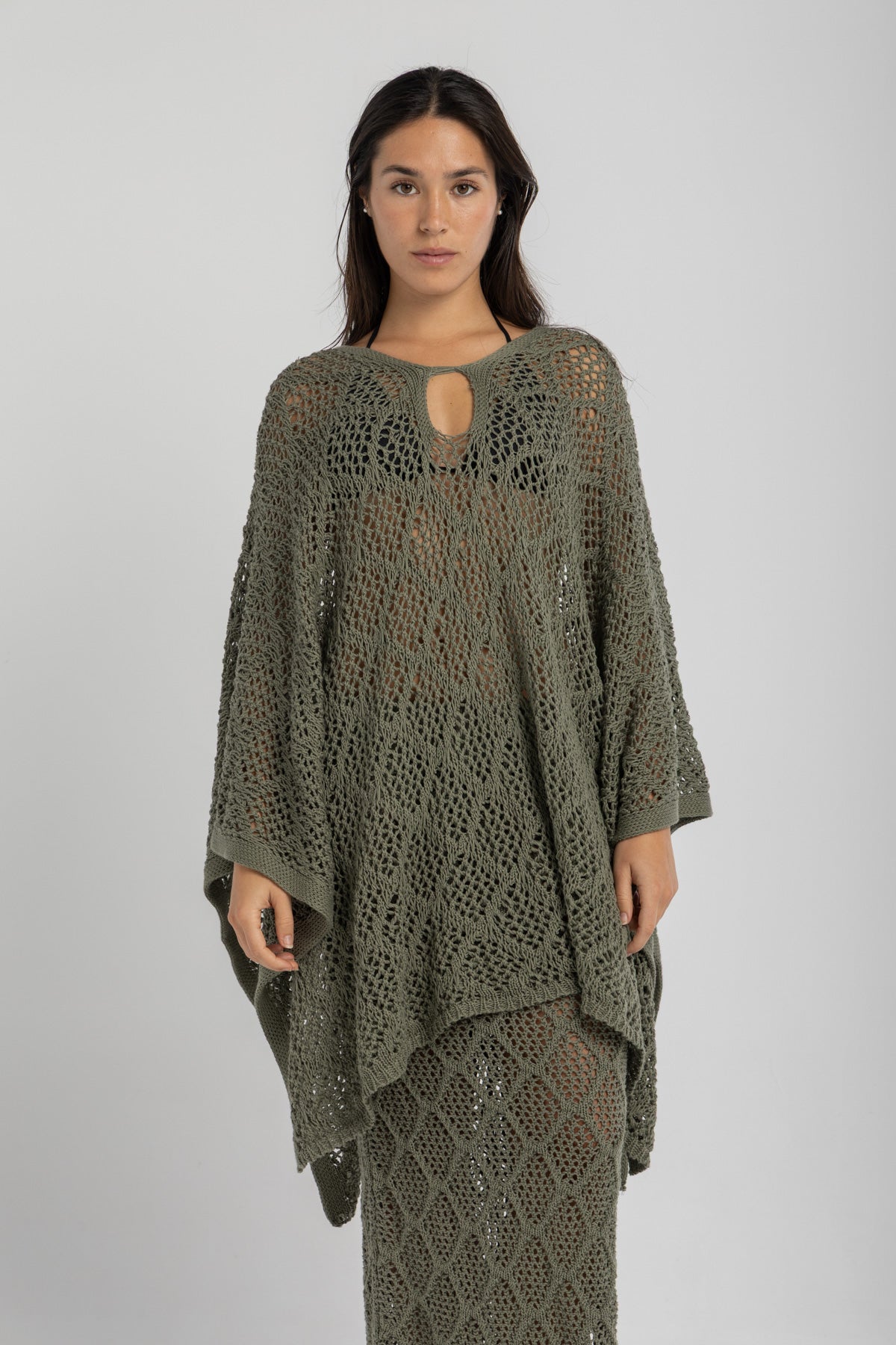 Women's Olive Crochet Poncho