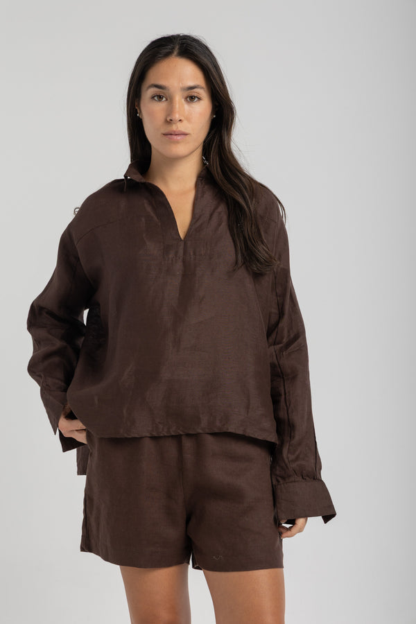 Women`s Dark Mocha Linen V-neck Top