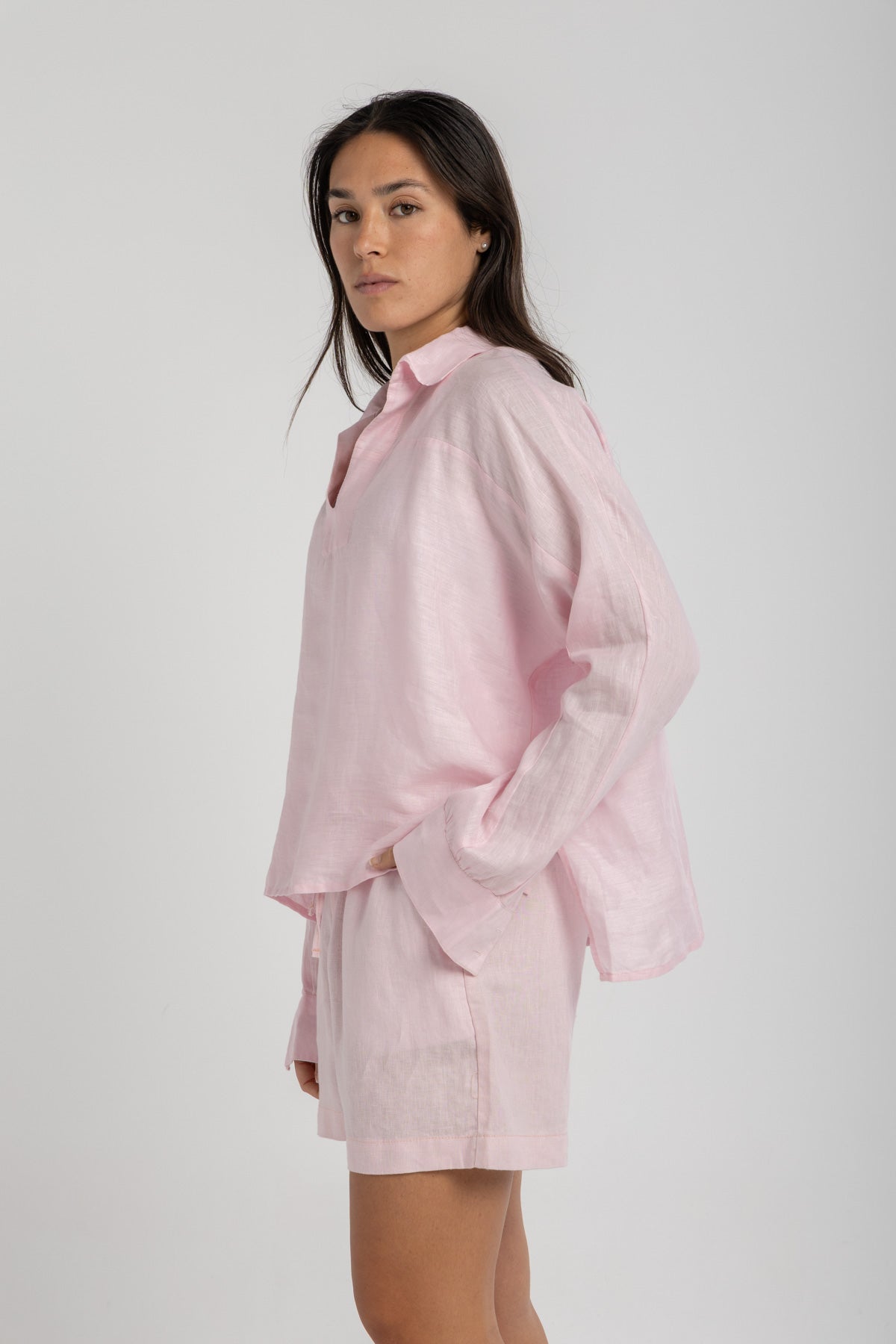 Women's Baby Pink Linen Shorts
