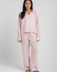 Women`s Baby Pink Linen V-Neck Top
