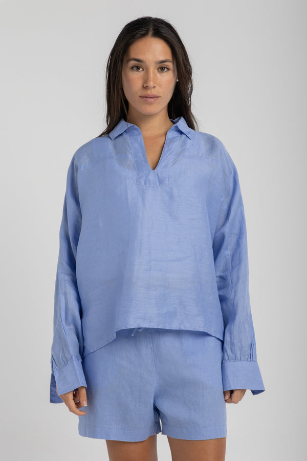 Women`s Capri Blue Linen V-Neck Top