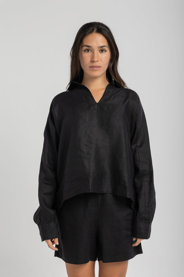 Women`s Black Linen V-Neck Top