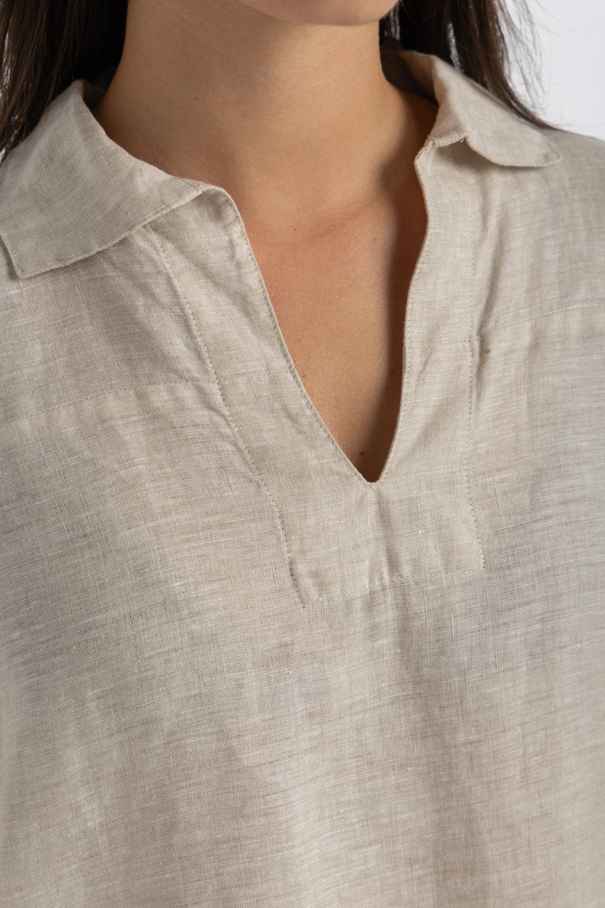 Women`s Beige Linen V-Neck Top