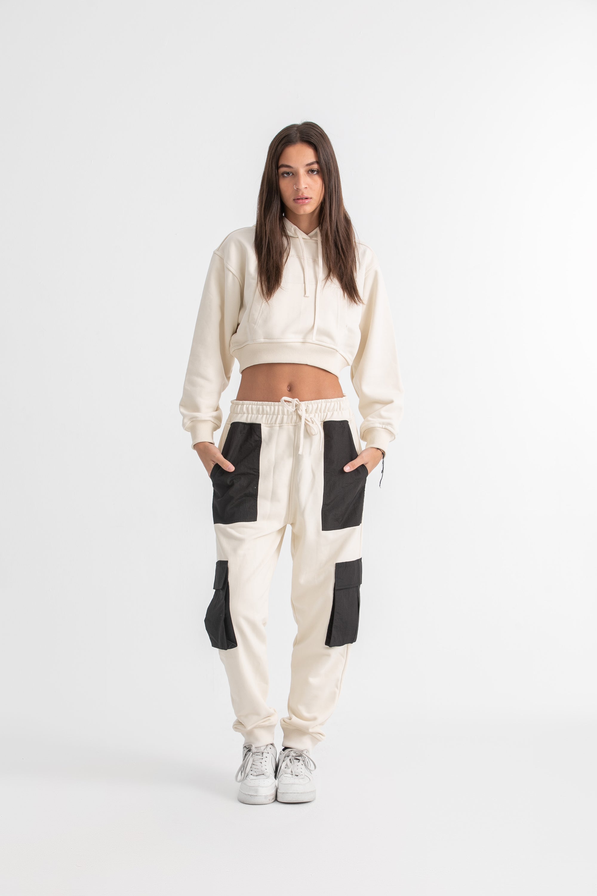 Unisex Ivory &amp; Black Cargo Sweatpants