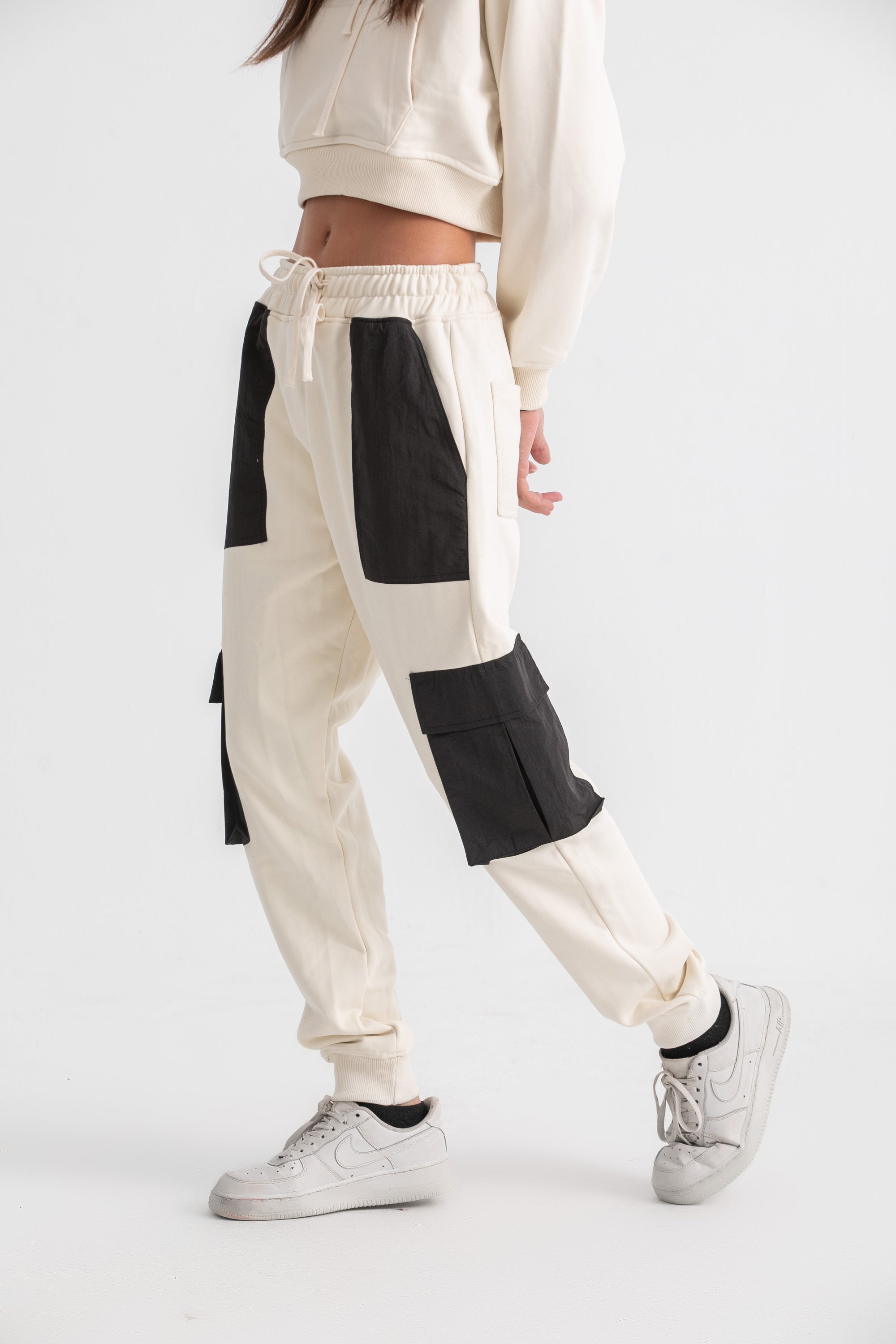 Unisex Ivory &amp; Black Cargo Sweatpants
